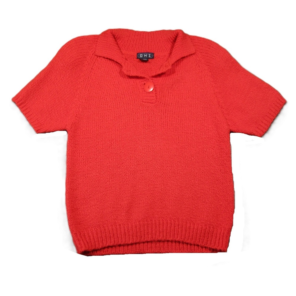 Vtg 80s OHI Short‎ Sleeve Polo Sweater M Red Pullover Collared Fuzzy Bright 90s